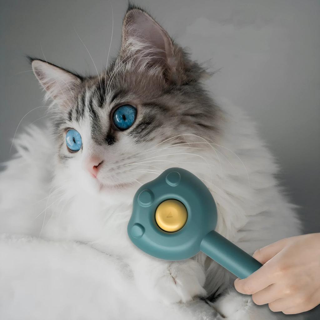 Pet grooming comb with self-cleaning mechanism in blue, green, and yellow colour options