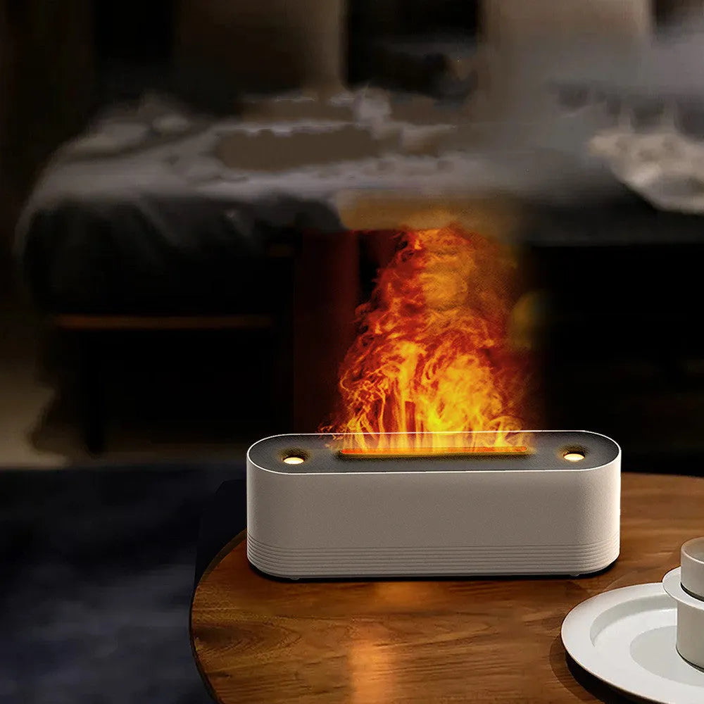 Flame air humidifier aroma diffuser with seven colour LED lights and water mist output