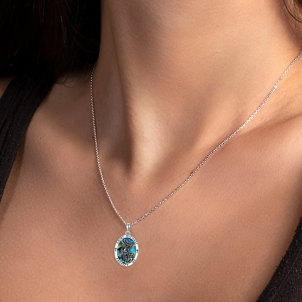 Saint Michael coin medal pendant in 925 sterling silver with white gold plating and abalone stone on 20 inch chain