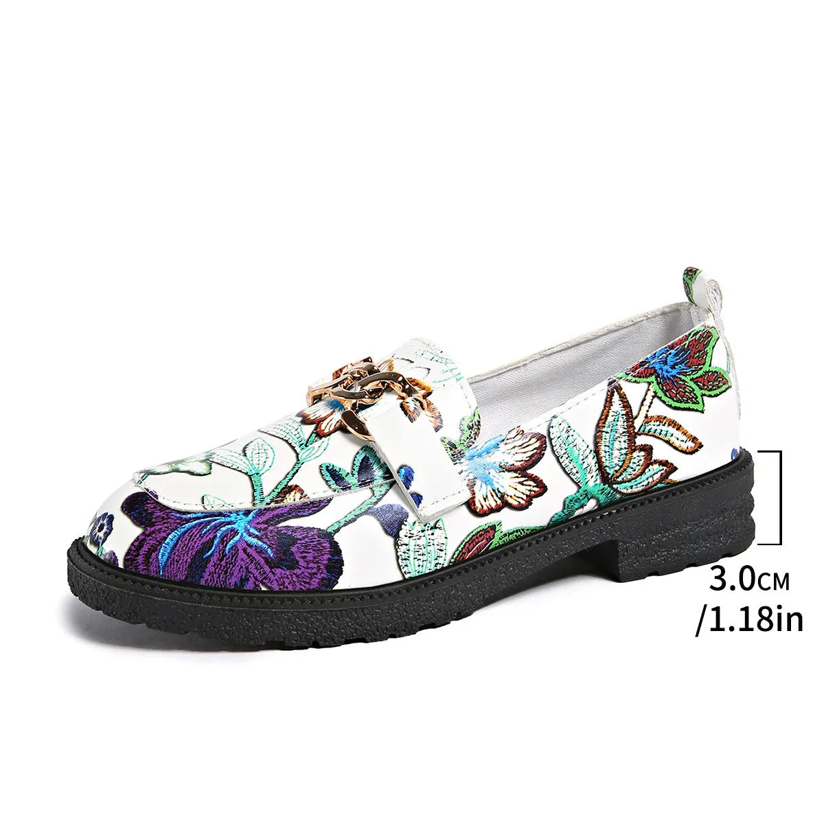 Plus size floral PU loafers with chunky mid heel, shallow mouth under 7cm, in Colour 01-3 or 01-5
