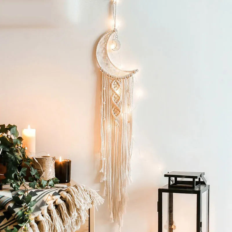 Handmade woven dreamcatcher hanging lamp with light 90cm long cotton thread