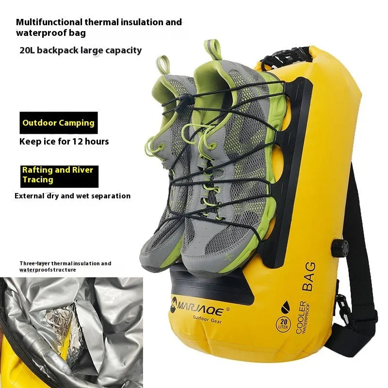 Yellow and black waterproof PVC backpack with dry wet separation compartments and 20 litre capacity for outdoor water sports