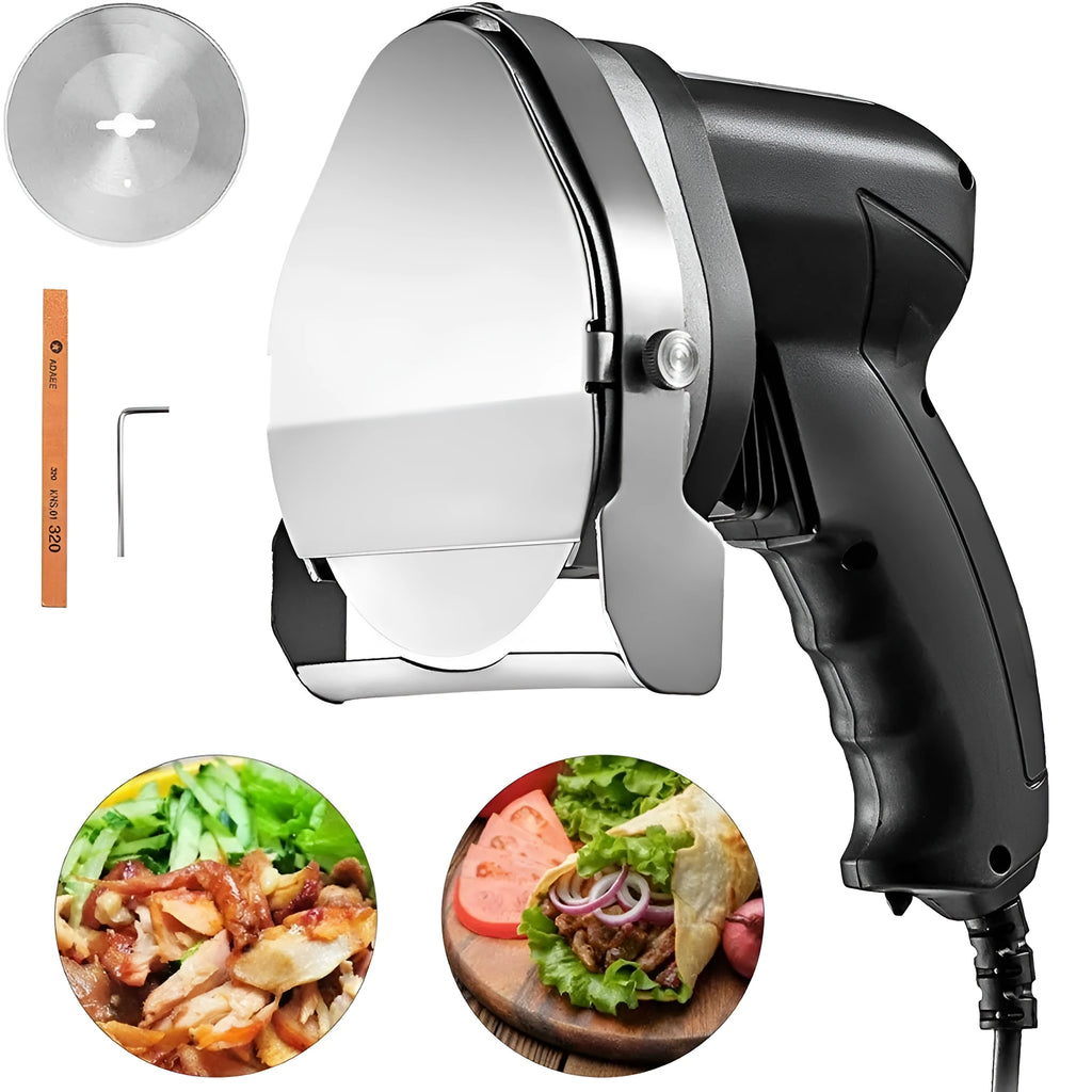 Black electric meat cleaver for turkey barbecue machine with 80W power and adjustable 0-3.3 inch cutting range.