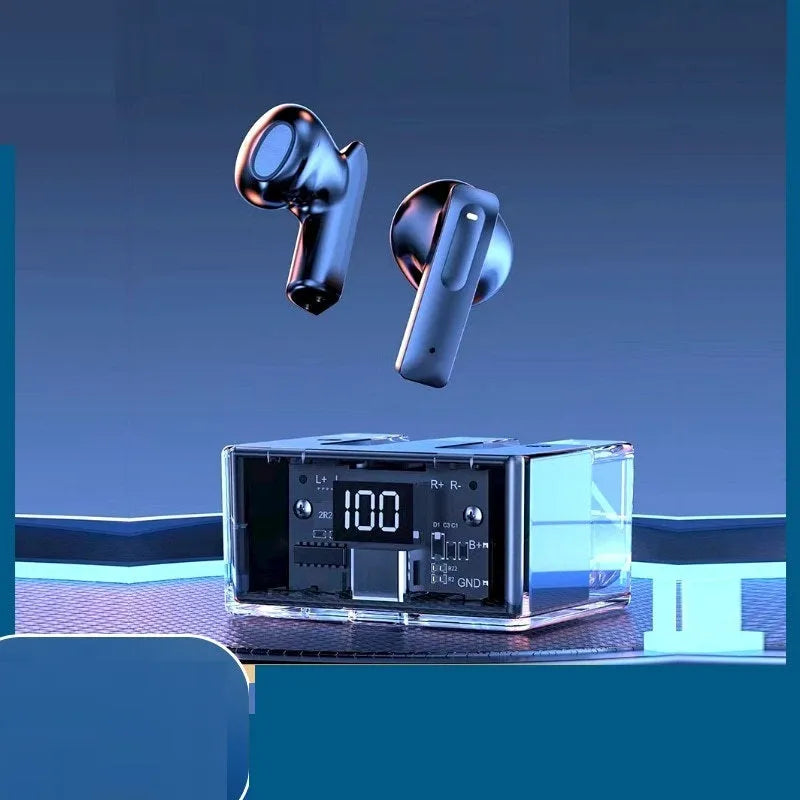 Transparent space capsule case containing true wireless Bluetooth earphones in various colours.