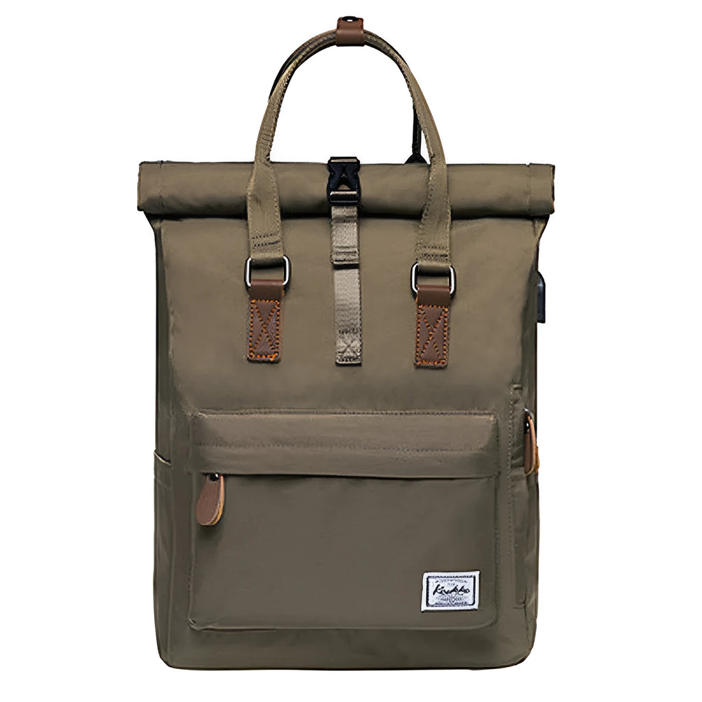 Black casual polyester backpack showing cover opening and internal laptop sleeve.
