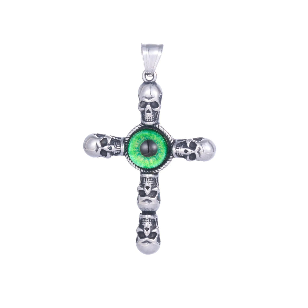 Stainless steel cross skull pendant with green eye detail in U-shaped geometric form on a chain