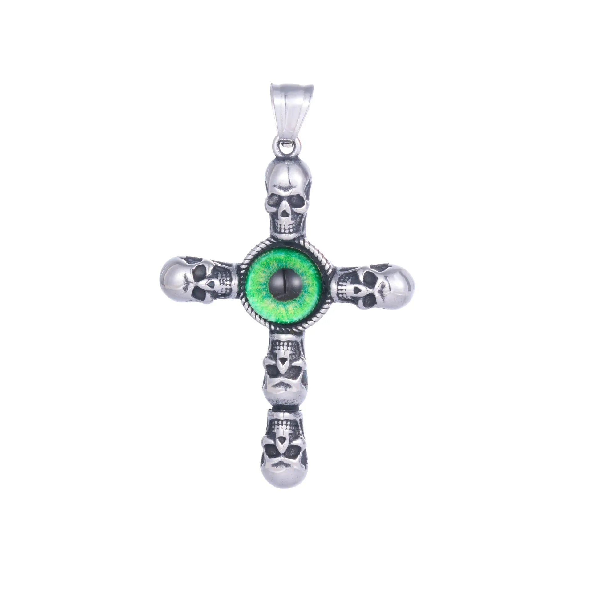 Stainless steel cross skull pendant with green eye detail in U-shaped geometric form on a chain