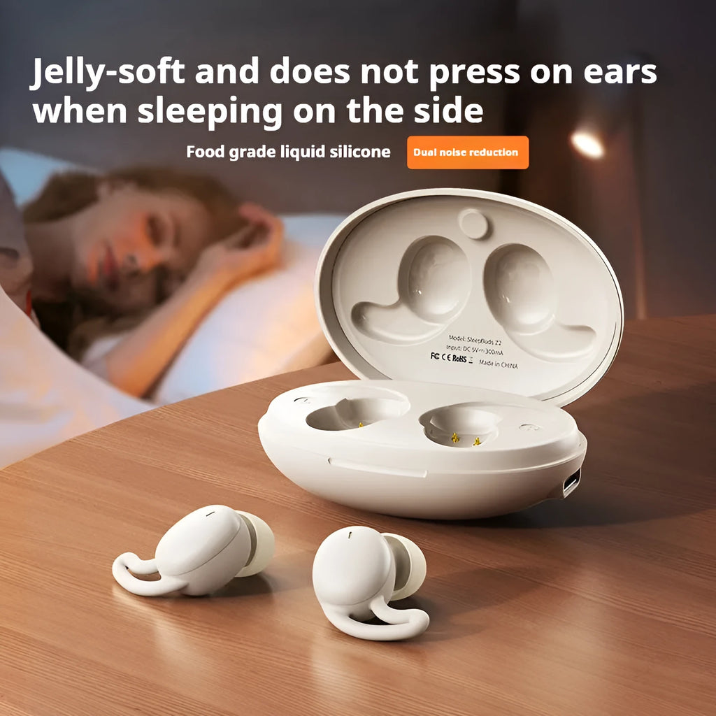 Wireless Bluetooth sleep earbuds in Starry Sky Black, Dream Purple, and Millet White Rice with silicone earplug design and noise reduction