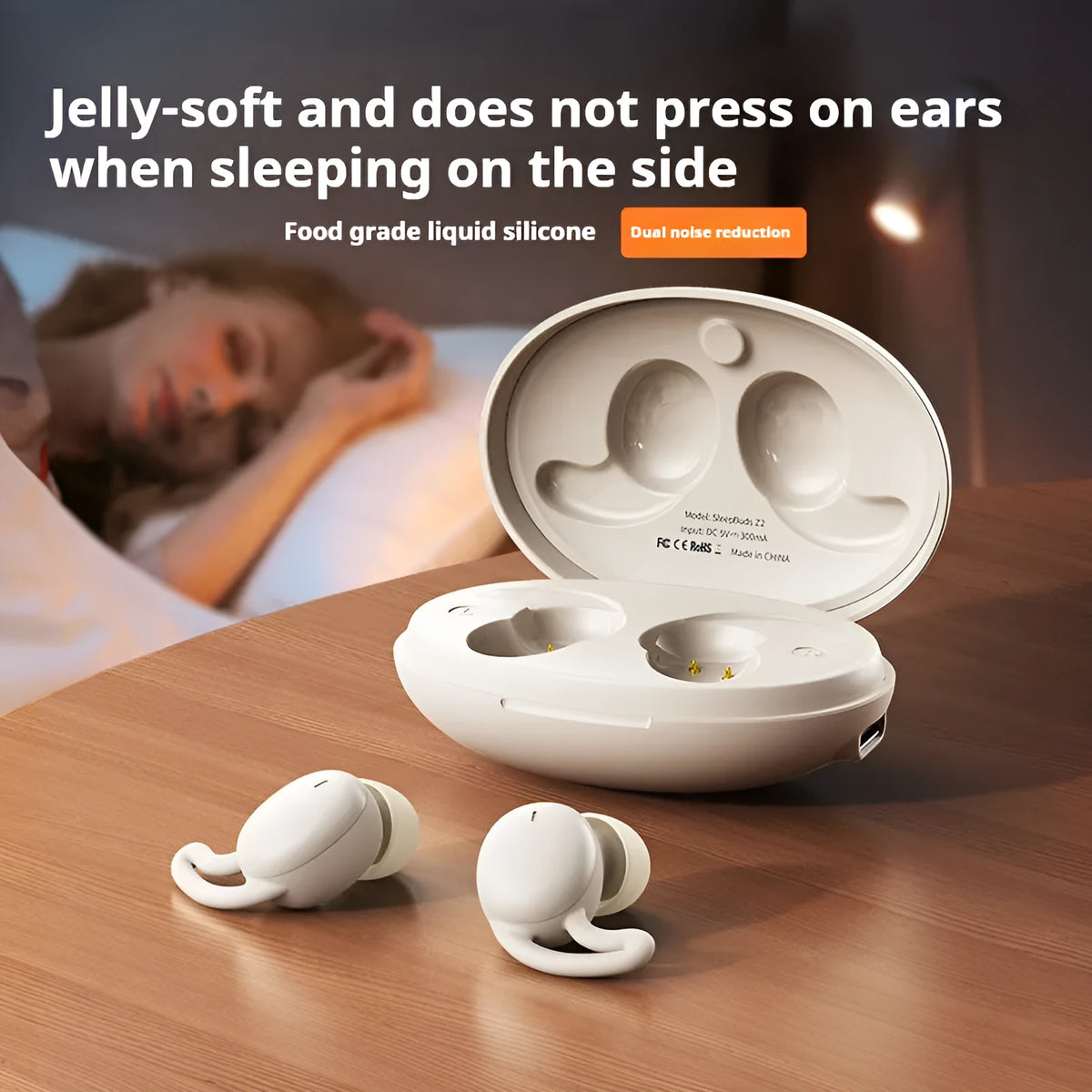 Wireless Bluetooth sleep earbuds in Starry Sky Black, Dream Purple, and Millet White Rice with silicone earplug design and noise reduction
