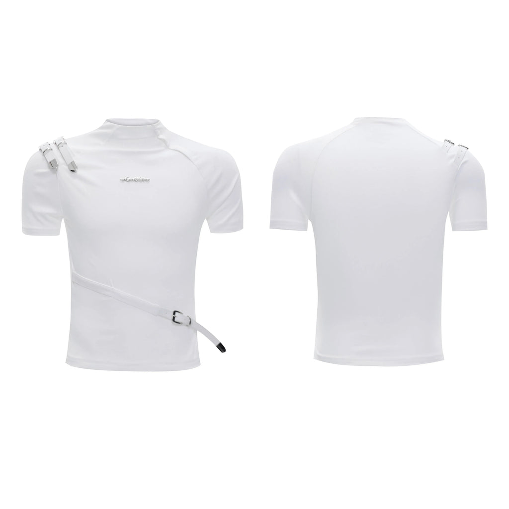 Men's slim fit black cotton T-shirt with a stand-up collar and metal belt design detail on the chest