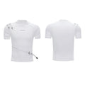 Men's slim fit black cotton T-shirt with a stand-up collar and metal belt design detail on the chest