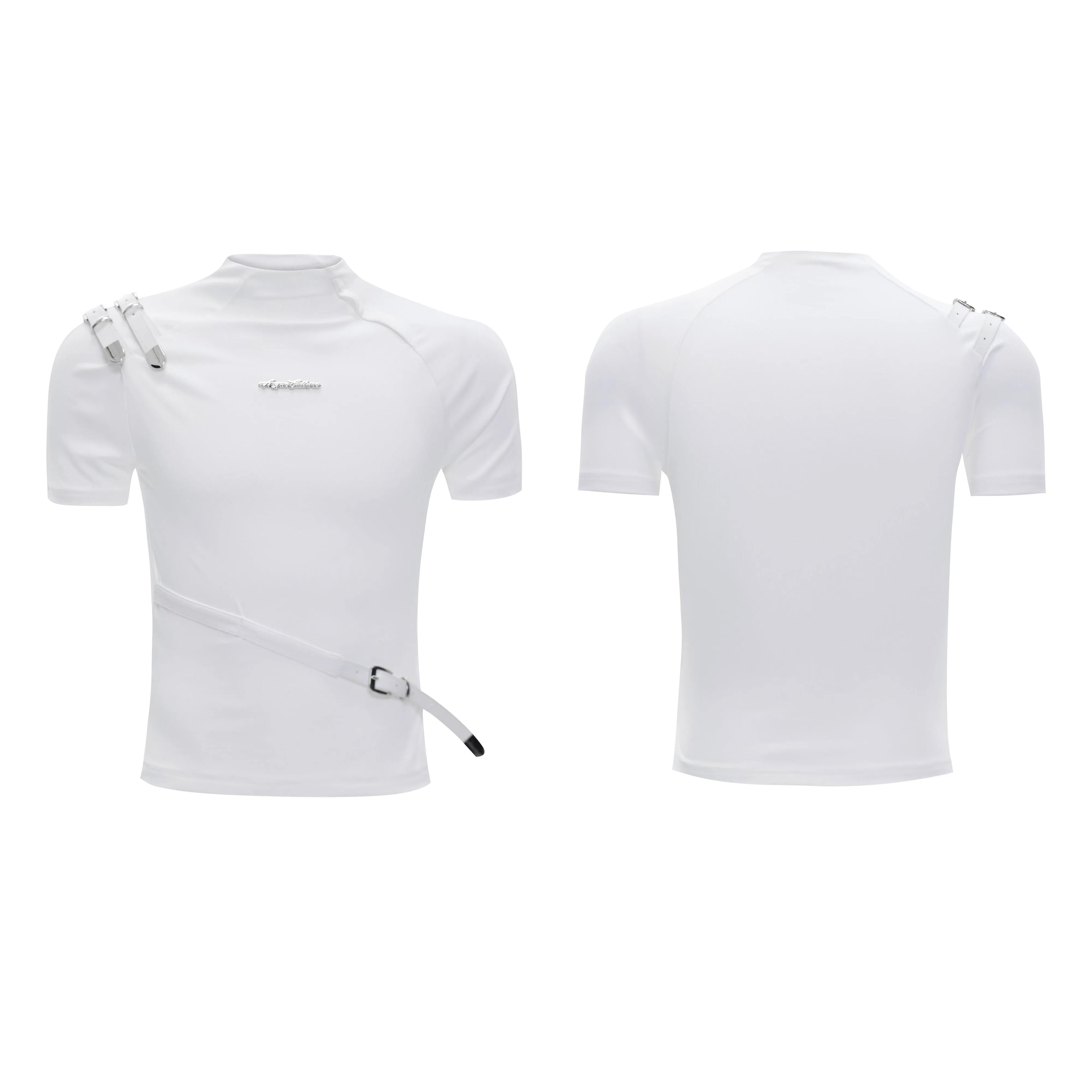 Men's slim fit black cotton T-shirt with a stand-up collar and metal belt design detail on the chest