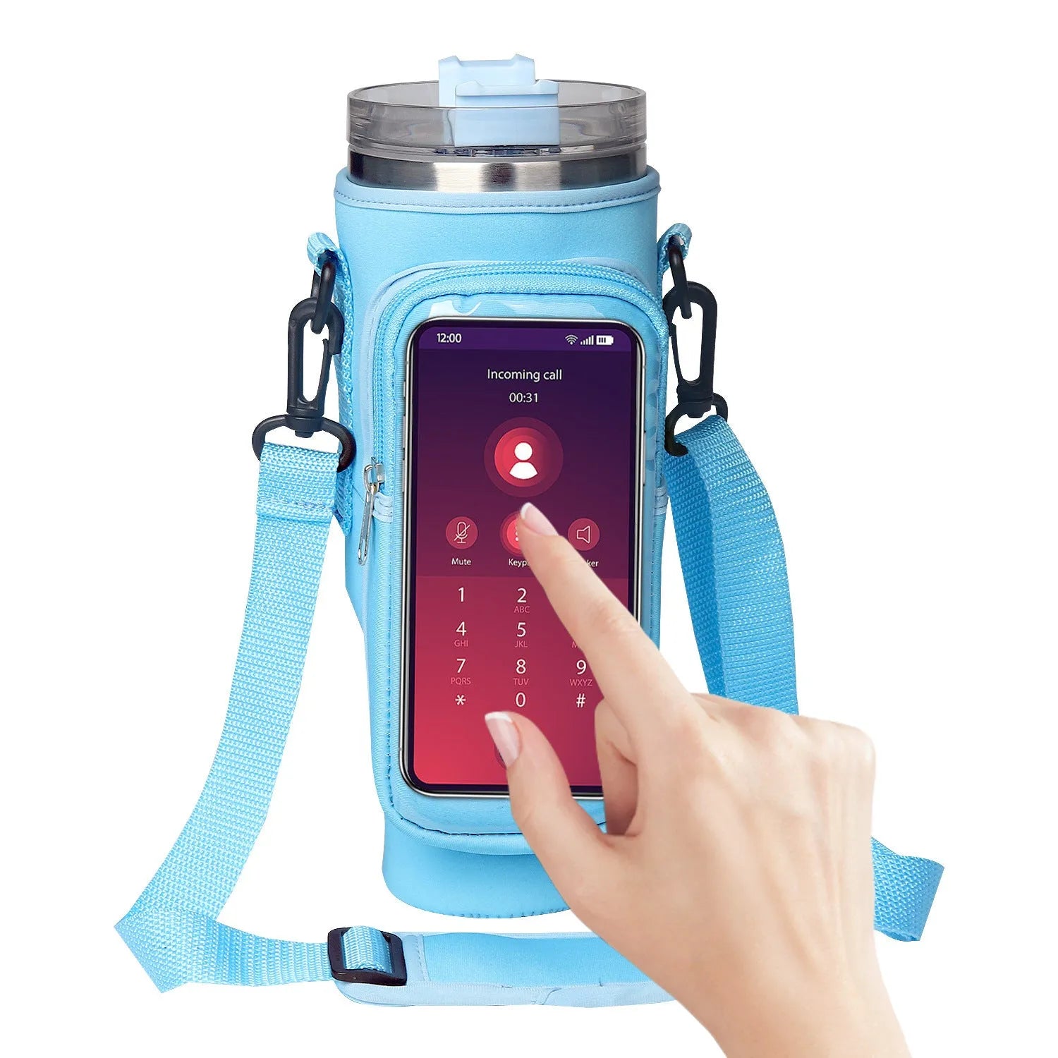 40oz neoprene cup cover with transparent touch screen and metal buckle in gradient purple