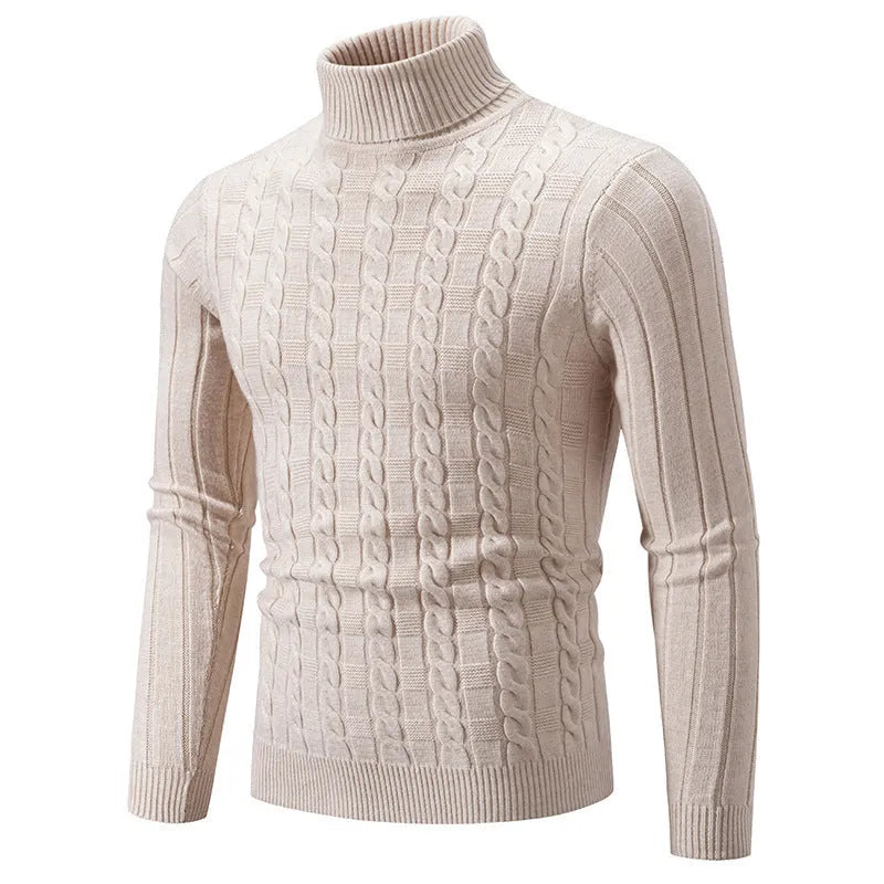 Man wearing a milky white slim fit chenille turtleneck pullover with a twist design detail