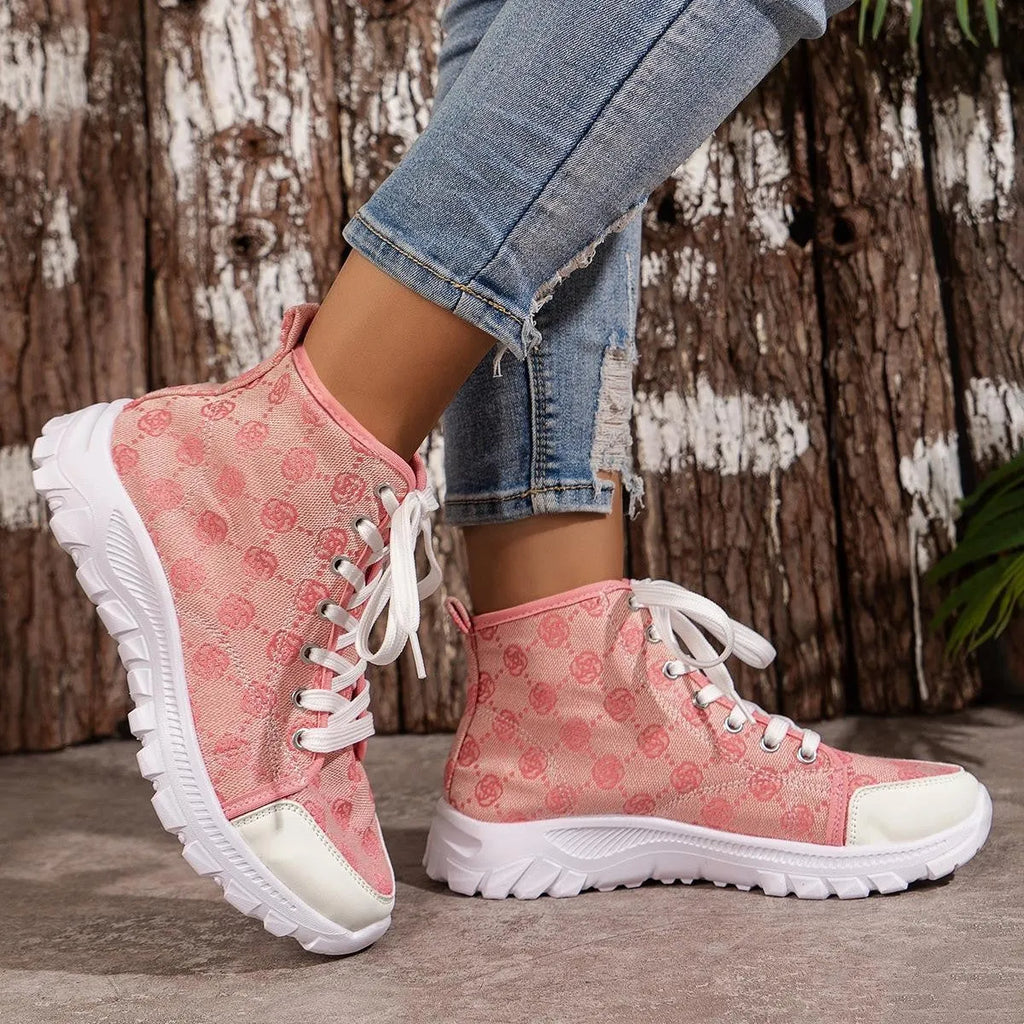 Women's rose-print lace-up canvas boots with round toe, flat heel, mid-tube design and non-slip thick sole