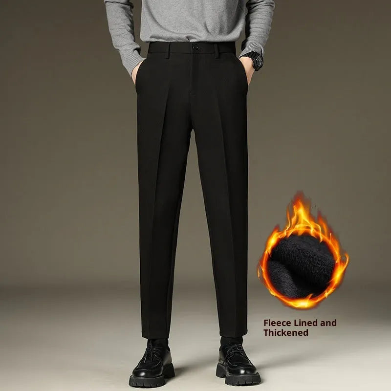 Men's black straight-leg fleece-lined trousers with mid waist and zipper fly, sizes 27-42