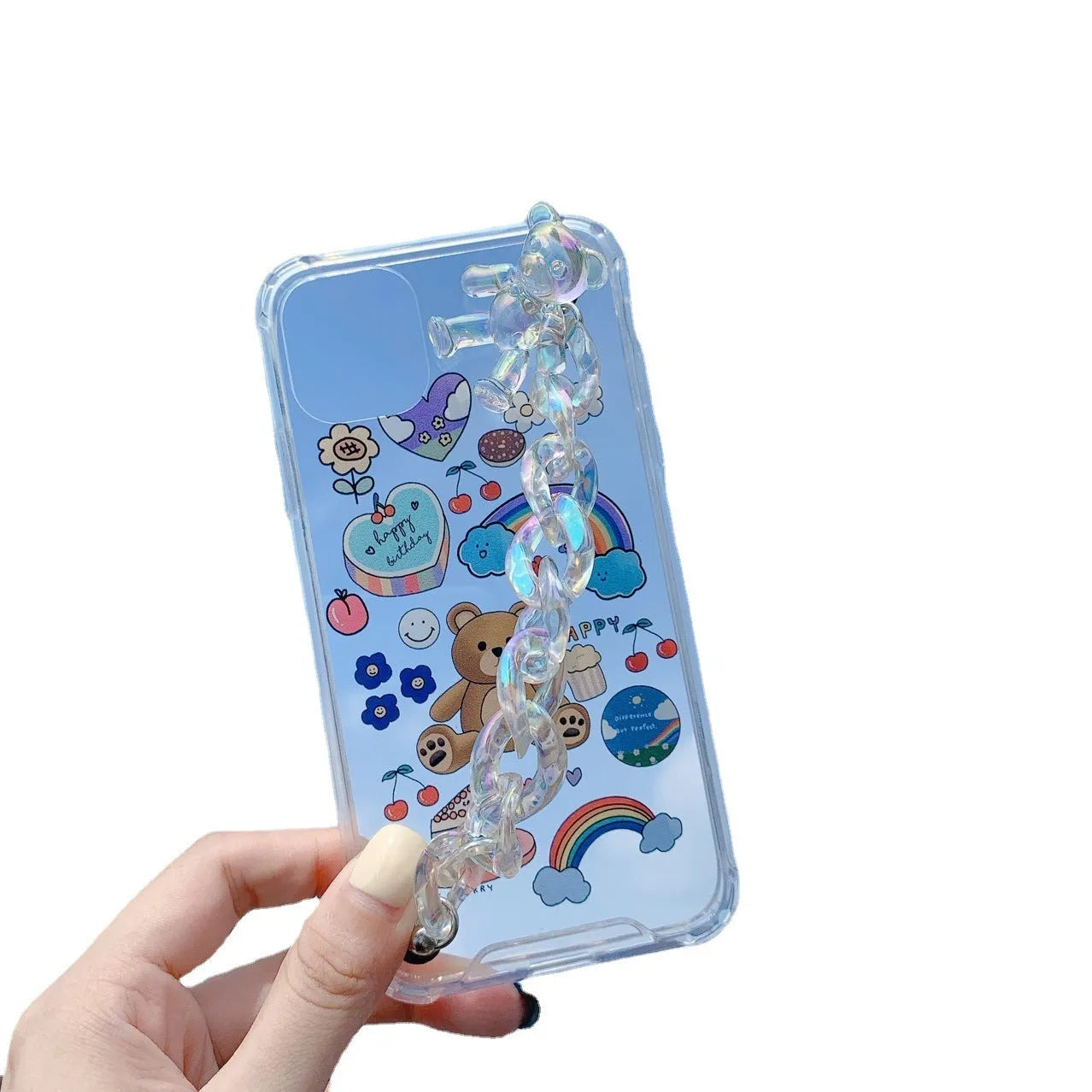 Bear chain iPhone case with pendant attachment point and Japanese Korean cartoon design on TPU material