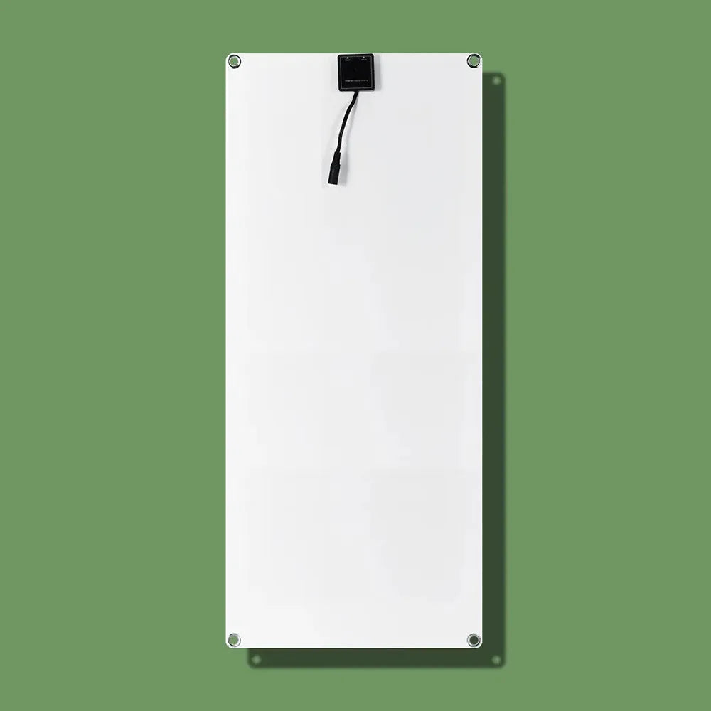30W semi-flexible black solar panel showing USB port and output cables on a textured surface.
