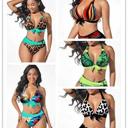 Women's colourful printed plus size bikini swimming suit on a hanger.