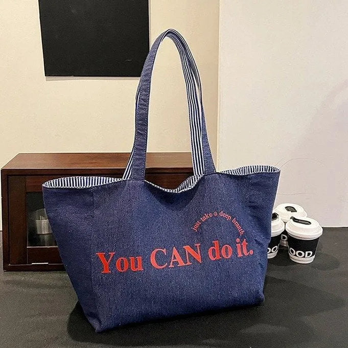 Large capacity double-sided striped canvas tote bag in striped blue, soft horizontal square shape