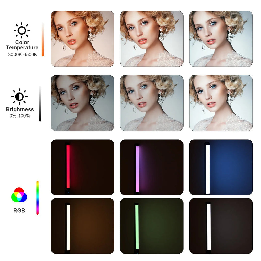 Handheld dual colour temperature LED photography light stick with adjustable brightness and RGB effects