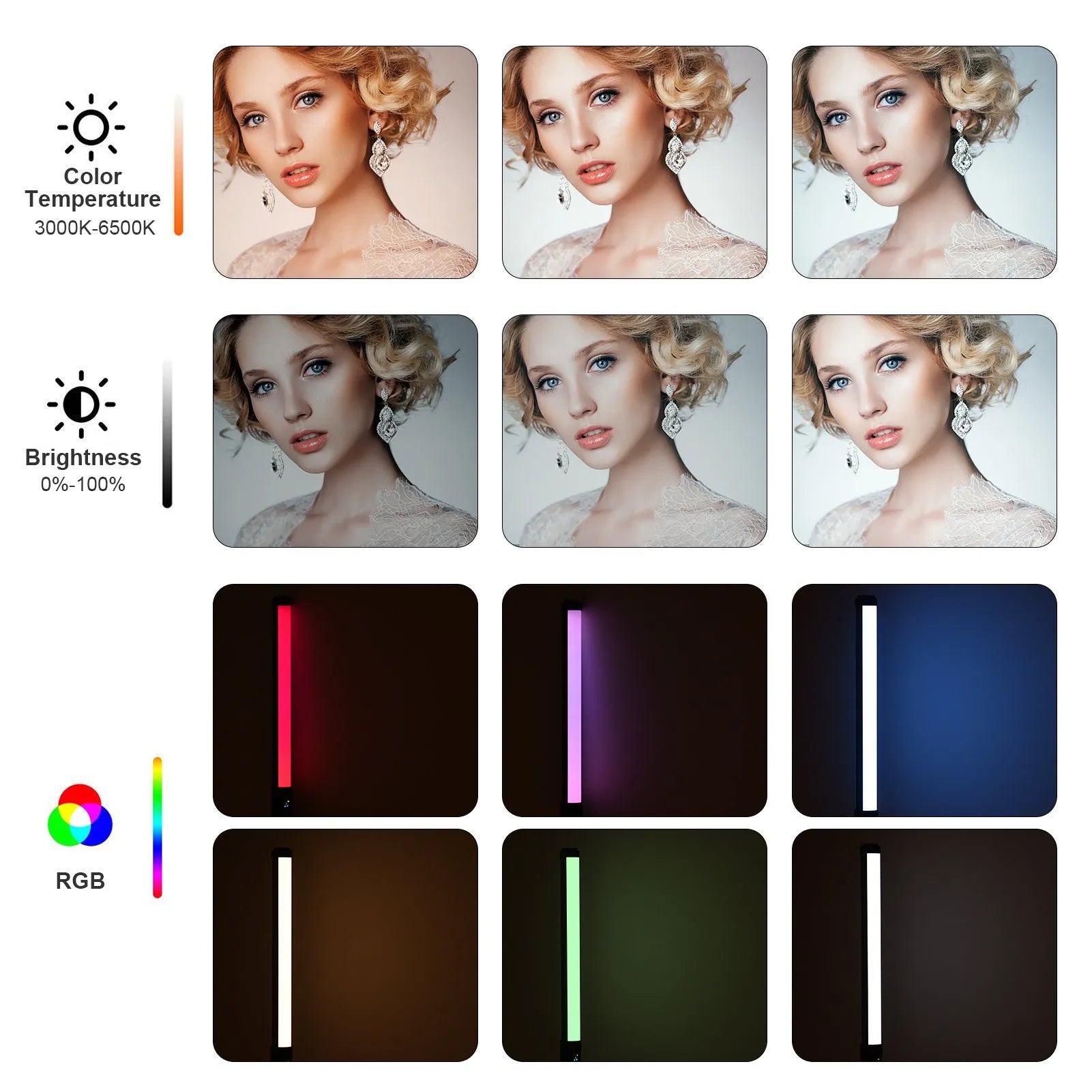 Handheld dual colour temperature LED photography light stick with adjustable brightness and RGB effects