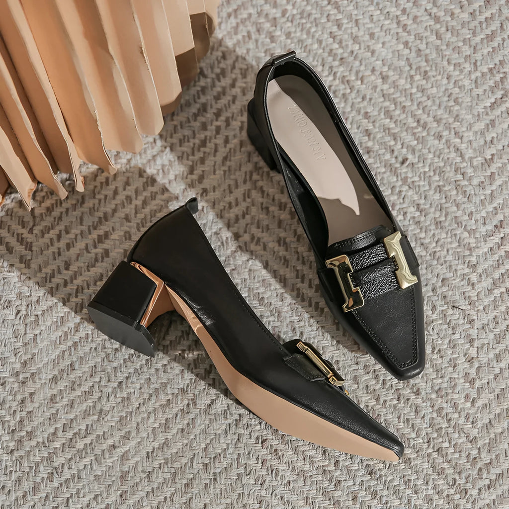 Chunky heel commuter shoes in black, khaki or beige with low top cut, block heel, microfiber upper and rubber sole, sizes 34-40