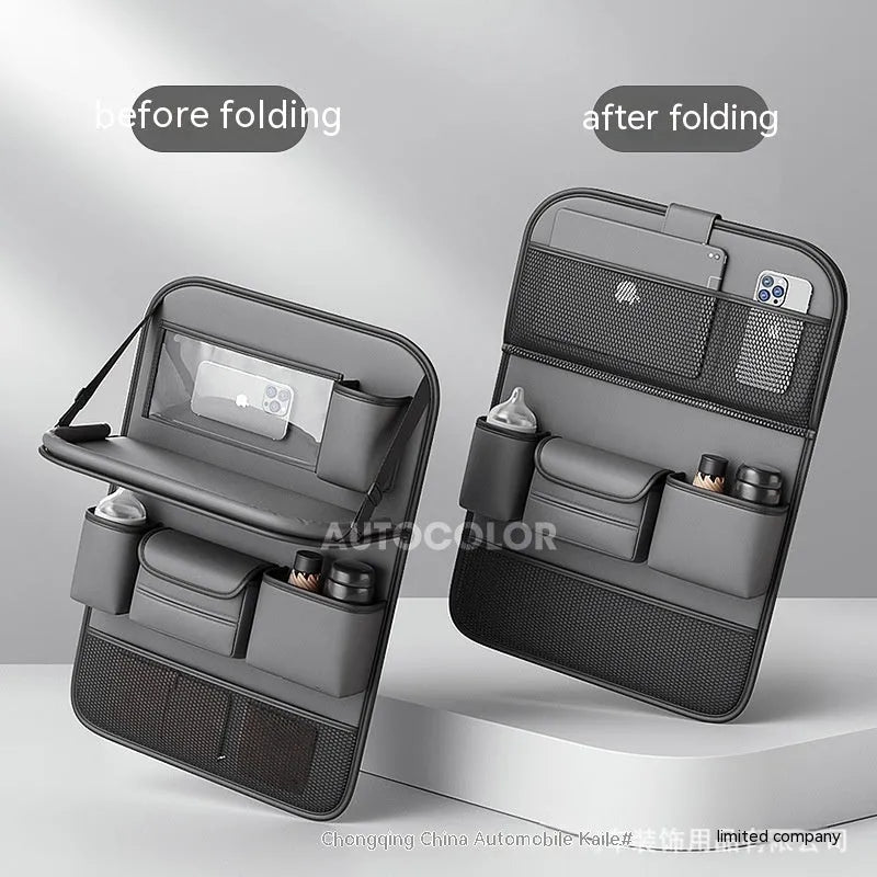 Genuine leather car seat organiser bag with a fold-out table in black, brown, grey, or green.