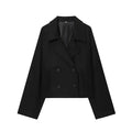 Double breasted short woolen coat for women in apricot with front pocket and regular sleeves