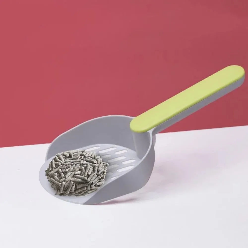 Blue plastic cat litter scoop shovel with fine mesh sieve slots and ergonomic handle for litter box cleaning