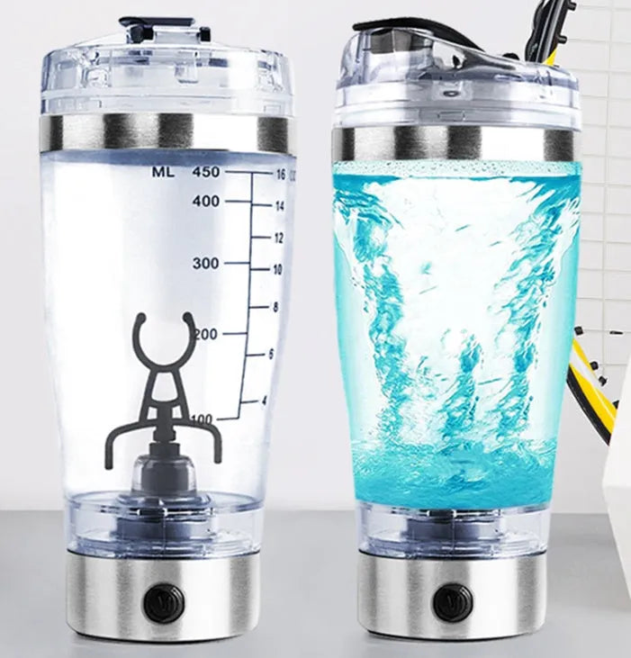 Stainless steel coloured electric shaker bottle with USB charging port for mixing protein shakes.