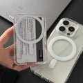Transparent acrylic iPhone case with white wallet card holder and full-coverage anti-drop cover.