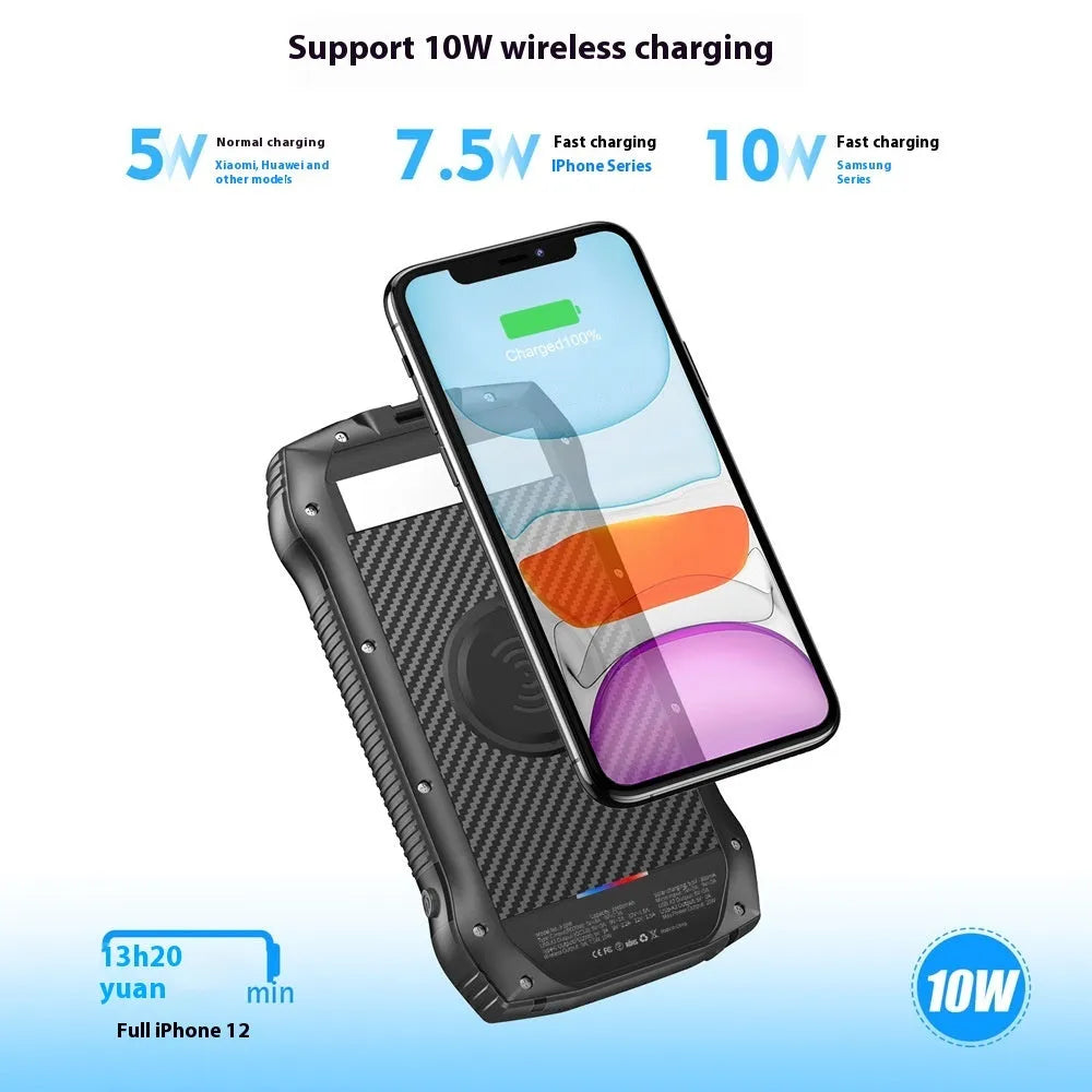 Portable solar power bank 33500mAh in all black with LED light, 178x90x30mm plastic shell