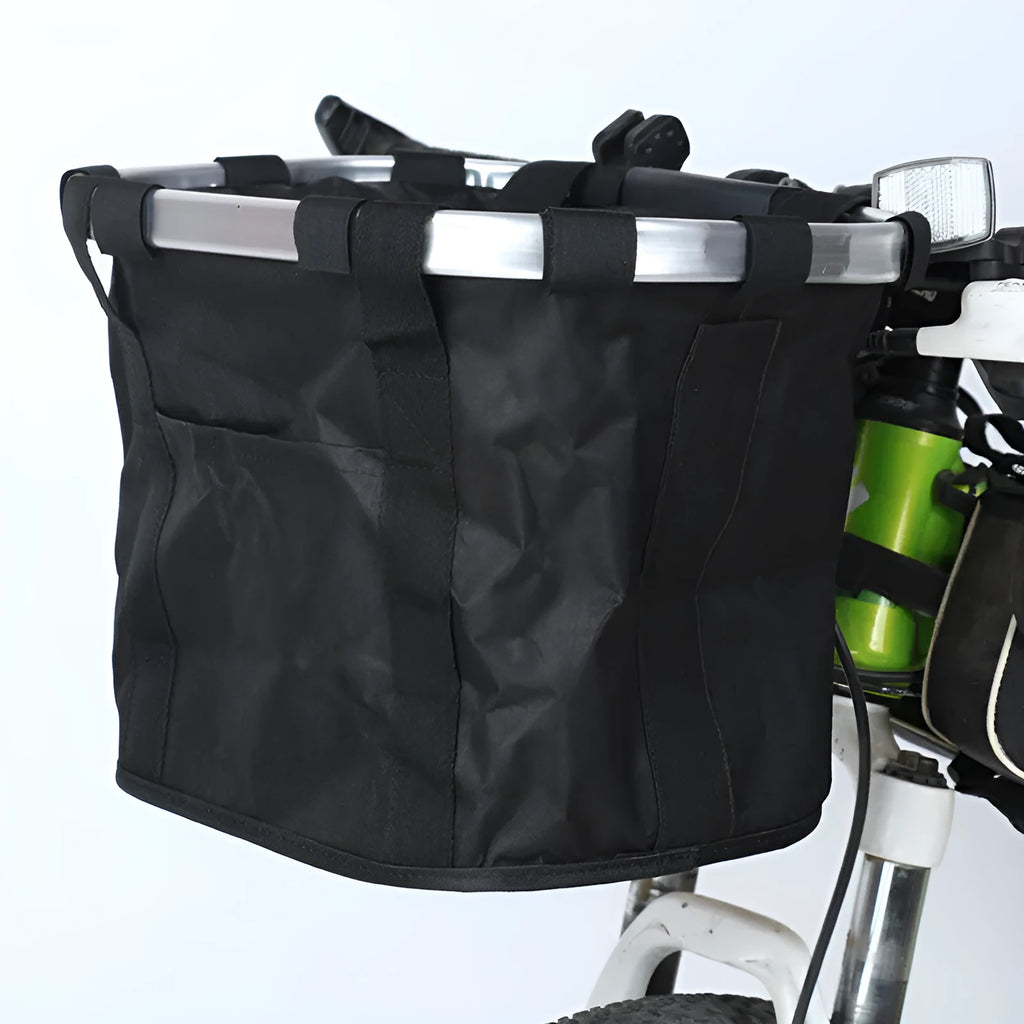 Folding car basket bag with aluminium alloy frame and Oxford cloth, shown in black and patterned colour options.