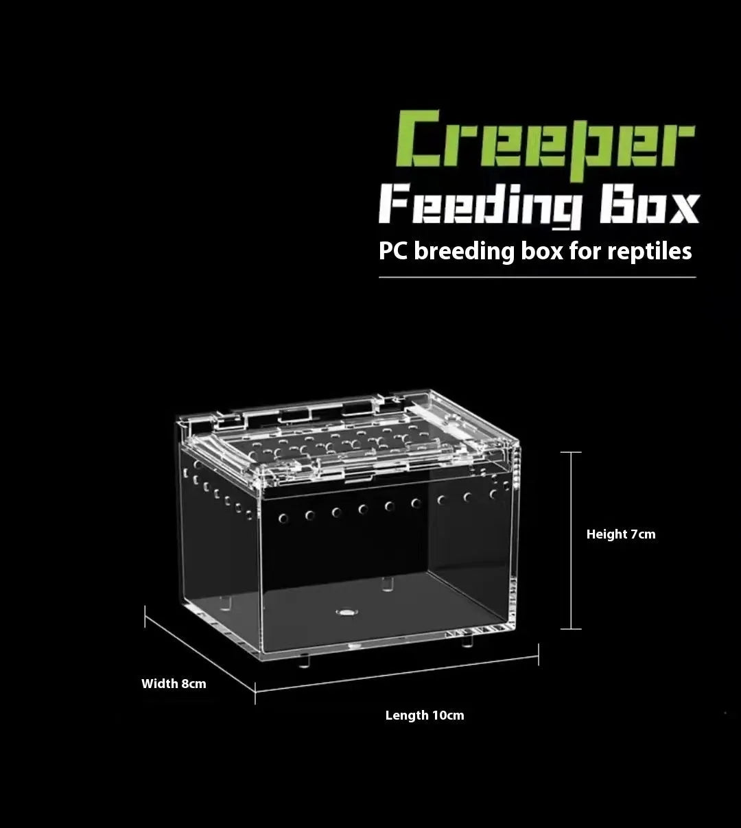Clear acrylic reptile feeding box with crawl-through opening showing size options