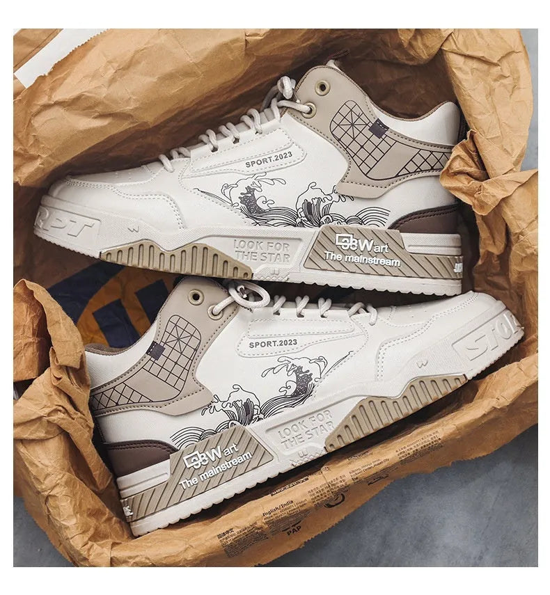 Men's high-top board shoes in beige colour with front lace-up design and rubber sole