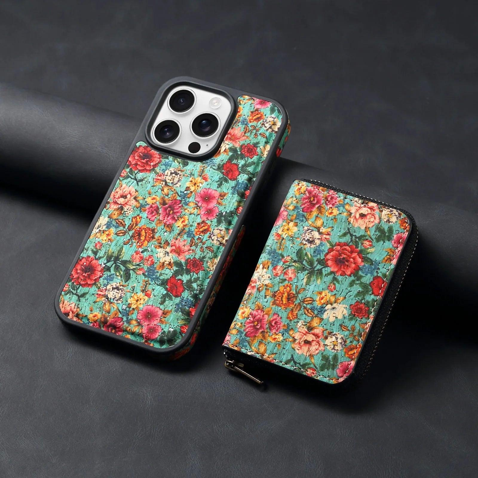Huanyu cork anti-theft zipper phone case in green with 3D floral rose design for iPhone 17 Pro Max