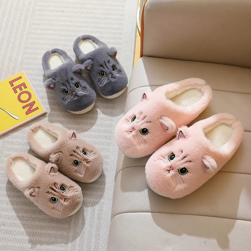 Cute cat plush slippers with non-slip EVA sole, thickened design, available in pink colour on a floor surface