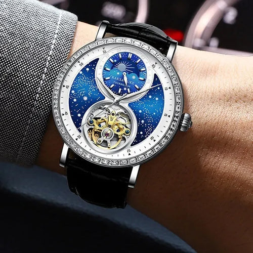 Automatic mechanical watch with black leather strap showing 14mm thick waterproof case on wrist