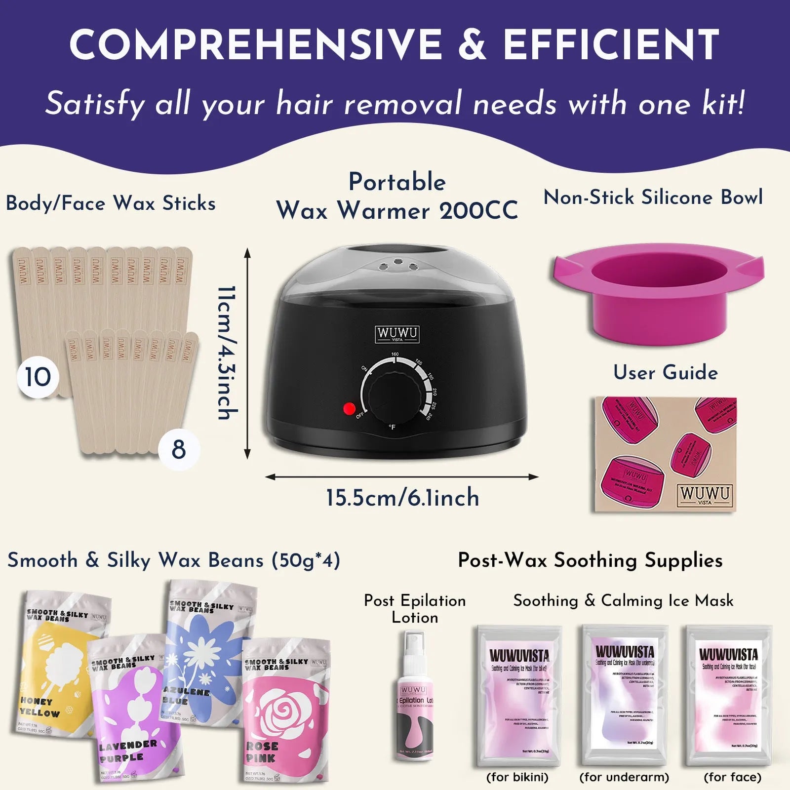 Black and pink hard wax kit with warmer, wax beans, sticks, lotion, and ice masks for body hair removal.