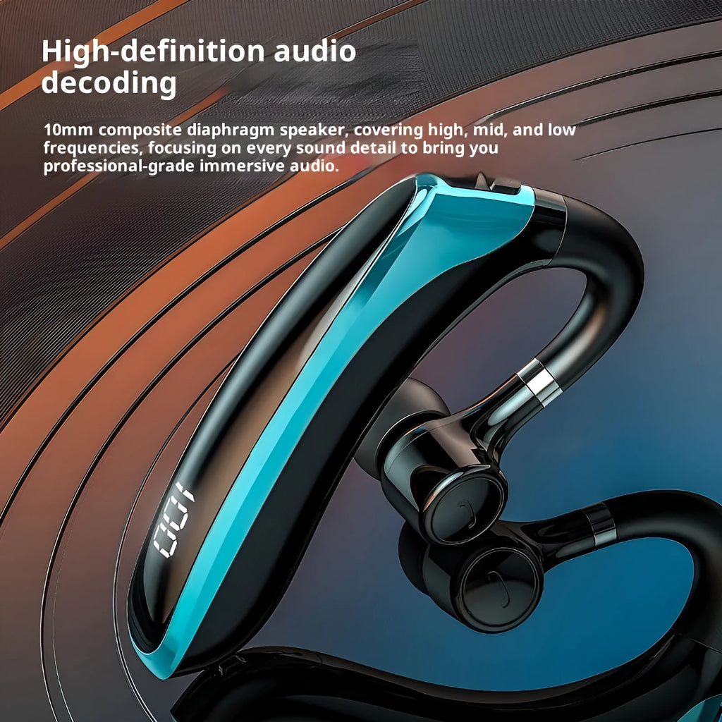Digital display ear-mounted single-ear bone conduction sports Bluetooth headset, high-gloss black with fluorescent green accents