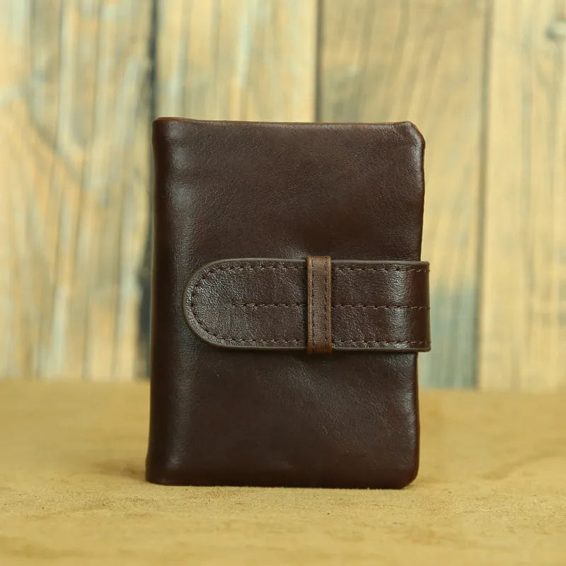 Brown genuine leather women's wallet with multiple card slots and sewing thread detail