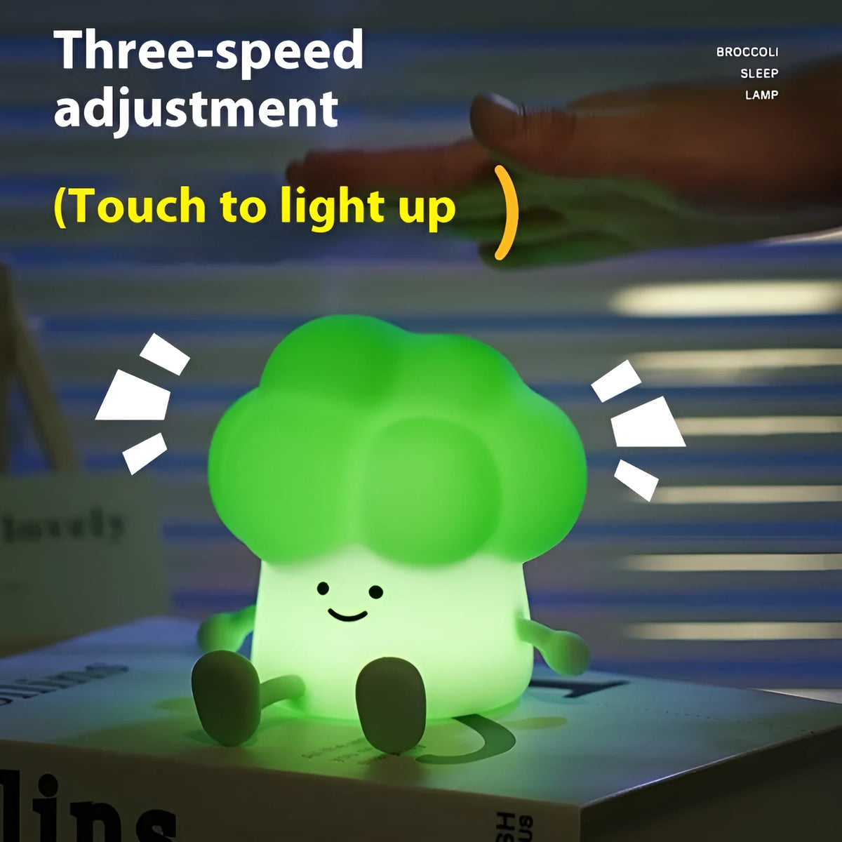 Broccoli-shaped silicone night lamp, 110x128x106mm, with 1200mAh rechargeable battery and 6500K LED