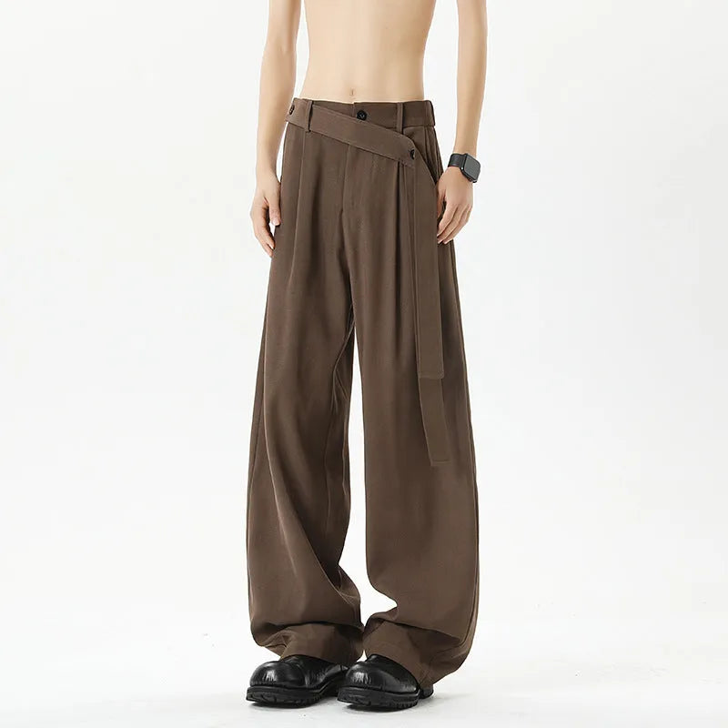 Men's plus size loose fit cotton blend casual trousers with ribbon oblique belt in black