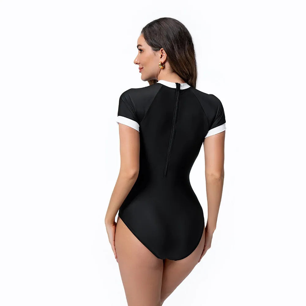 Black and white short-sleeved one-piece swimsuit with back zipper for women