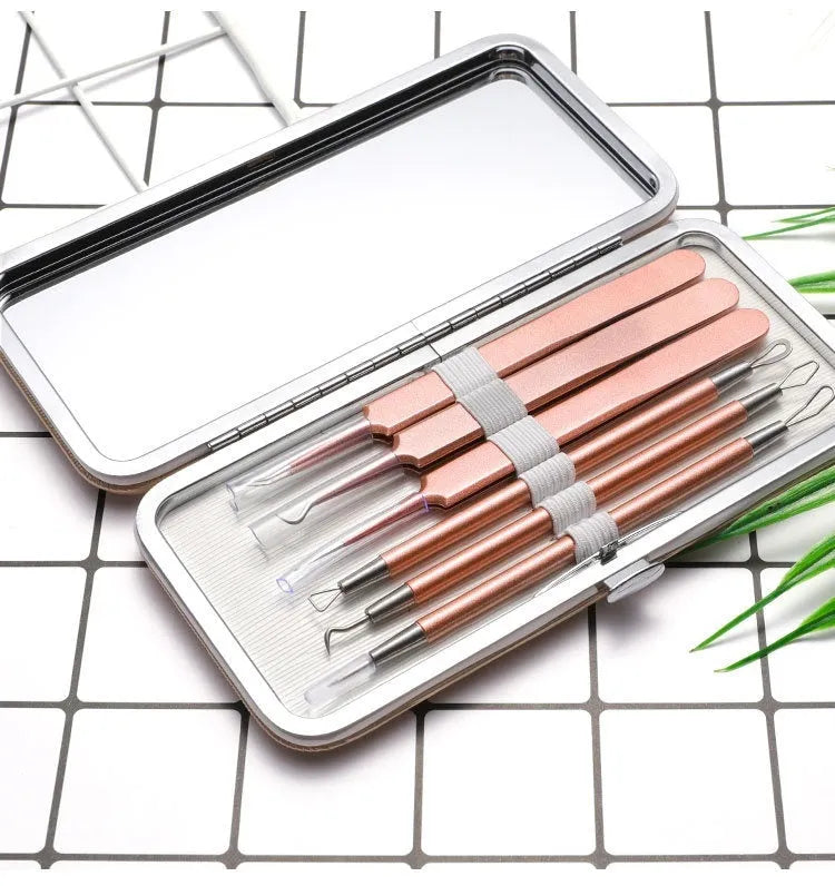 Six-piece stainless steel rose gold acne removal tool set with dual-purpose design