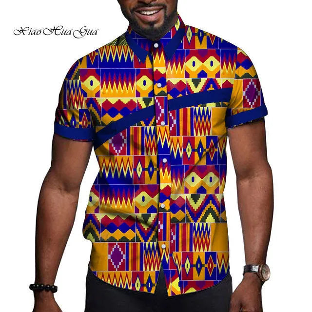 African men cotton colourblock short sleeve top with lapel collar in available colours