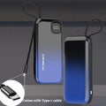 Black portable power bank with integrated charging cable showing compact 170mm x 68mm size.