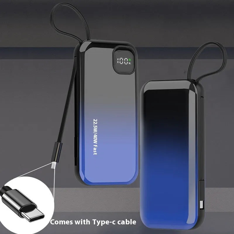 Black portable power bank with integrated charging cable showing compact 170mm x 68mm size.