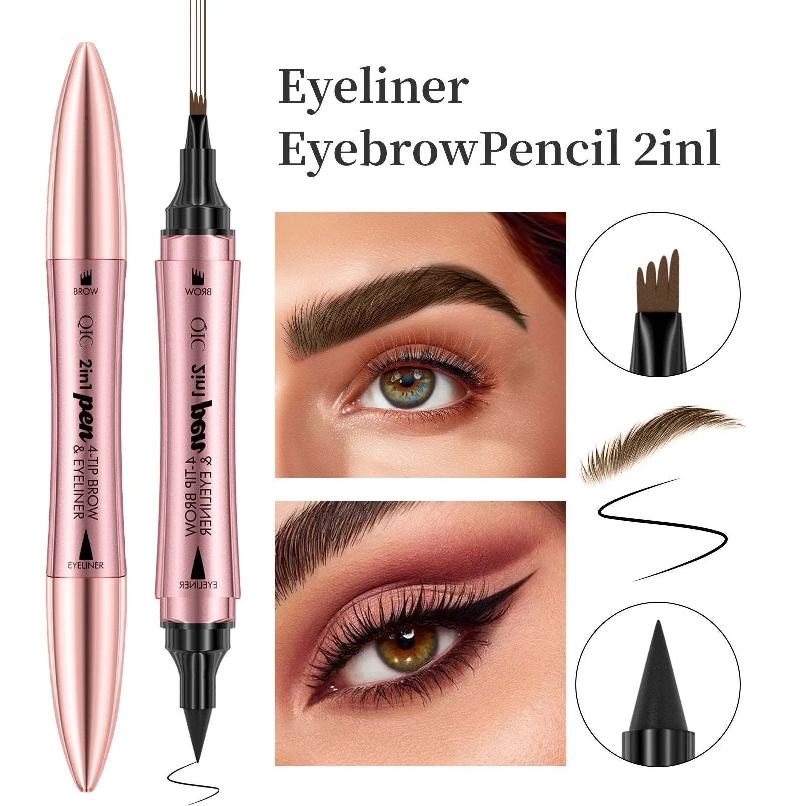 2-in-1 double-headed eyebrow pencil and eyeliner with 3D micro-carved liquid four-fork tip in four colour suit options
